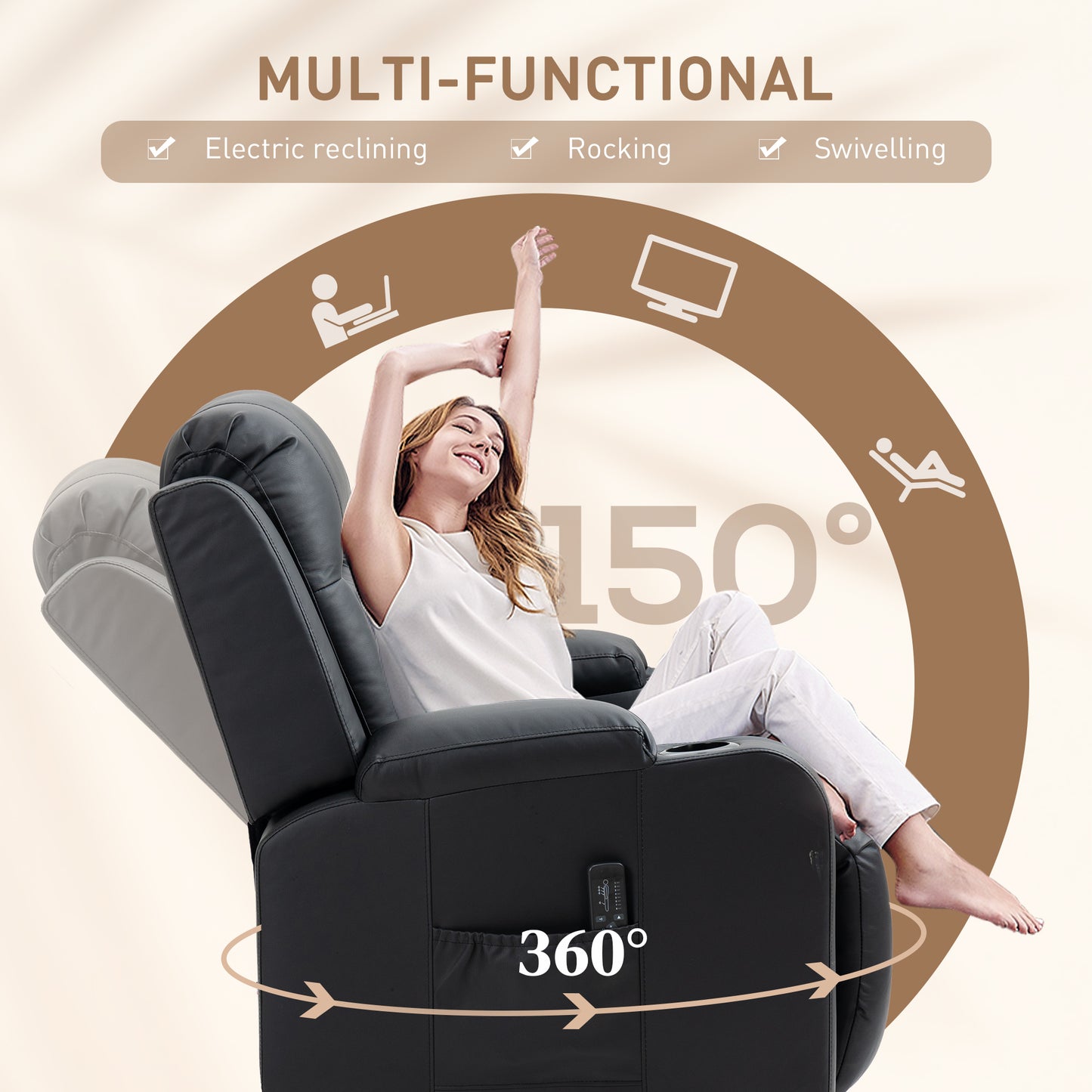 Swivel Massage Recliner Chair Rocker, Overstuffed Manual Reclining Sofa, PU Leather Rocking Chair with Side Pockets, Cup