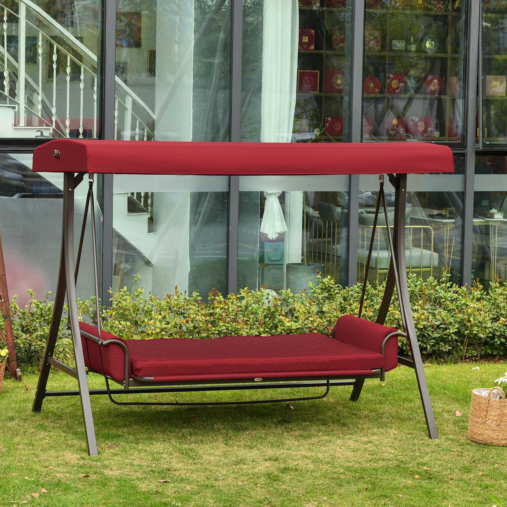 3 Person Porch Swing Bed, 2-in-1 Convertible Outdoor Patio Swing Chair Bench Hammock with Adjustable Canopy, Cushions, P