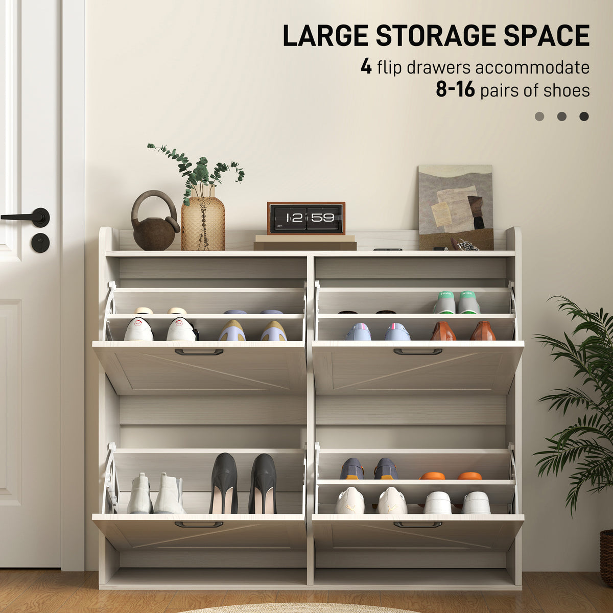 Narrow Shoe Storage Cabinet with 4 Flip Drawers, Adjustable Shelves, 16 Pair Farmhouse Shoe Cabinet, White Oak