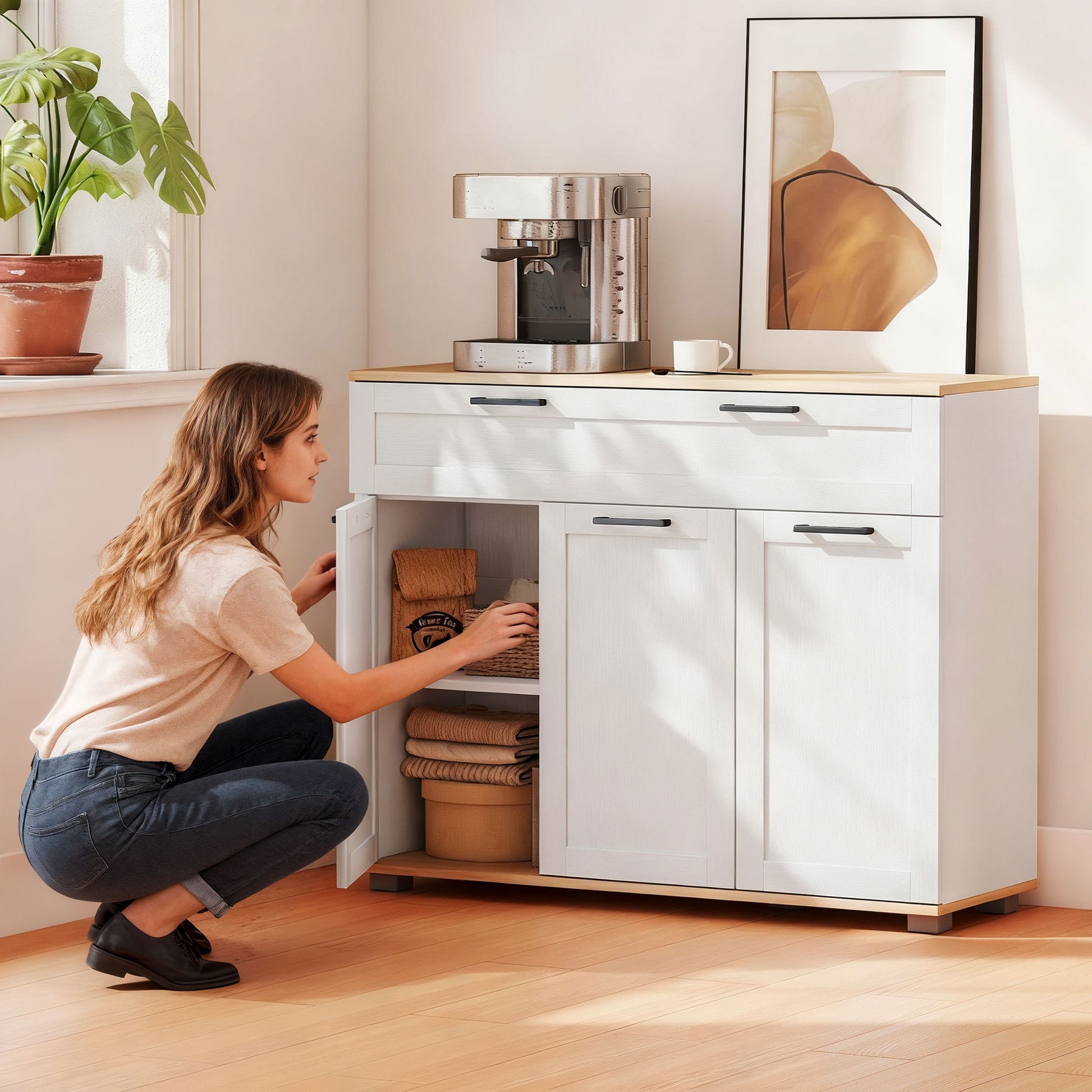 Sideboard Buffet Cabinet, Modern 40" Coffee Bar Cabinet with Wide Drawer, 3 Doors and 2 Adjustable Shelves, White