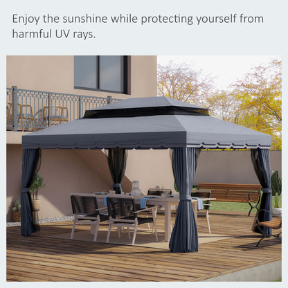 13' x 10' Patio Gazebo, Double Roof Outdoor Gazebo Canopy Shelter with Netting & Curtains, Strong Aluminum Frame, Dark G