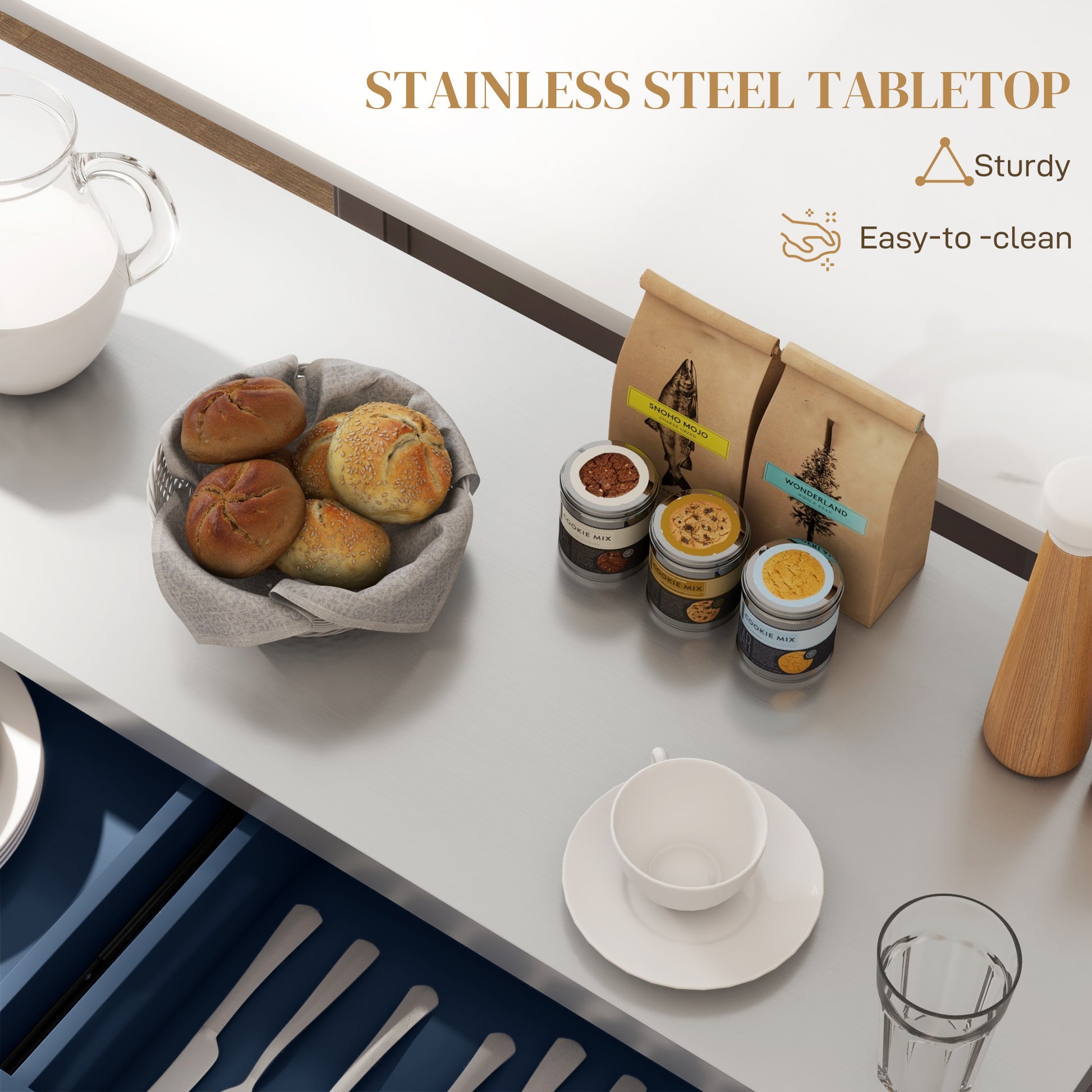 Rolling Kitchen Island with Stainless Steel Top, Kitchen Trolley with 2 Drawers, Cabinets, Towel/Spice/Knife Rack, Blue
