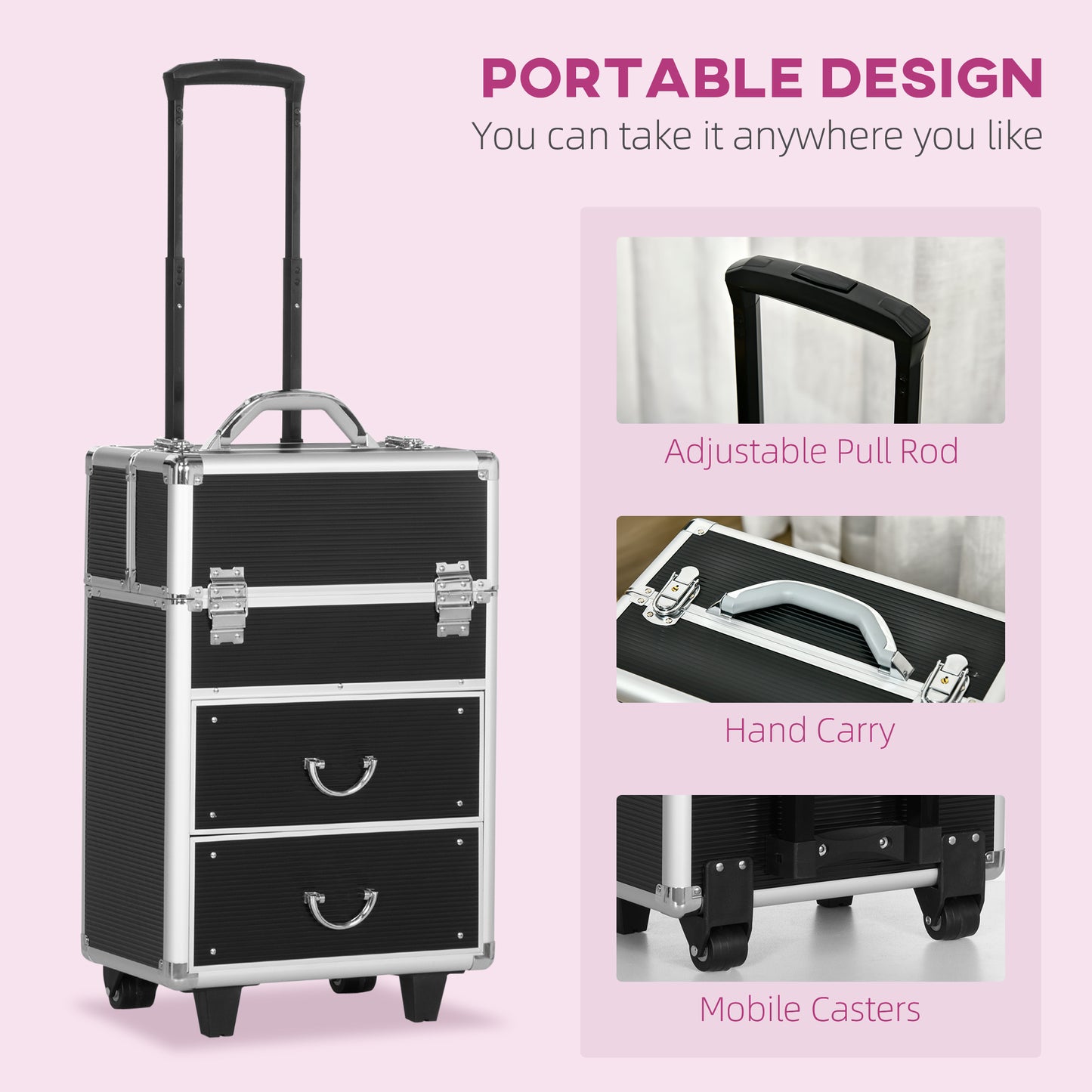 Aluminum Rolling Makeup Train Case, Portable Professional Cosmetic Makeup Case, Lockable Traveling Cart Trunk with Foldi