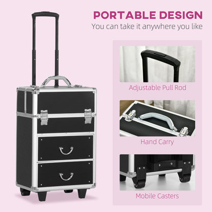 Aluminum Rolling Makeup Train Case, Portable Professional Cosmetic Makeup Case, Lockable Traveling Cart Trunk with Foldi