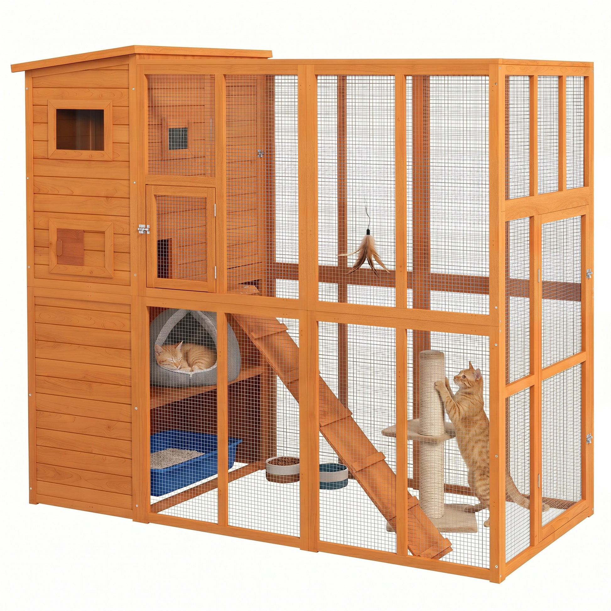 68.75" H Cat Cage Large Wooden Outdoor Cat House with Large Run for Play, Catio for Lounging, and Condo Area for Sleepin