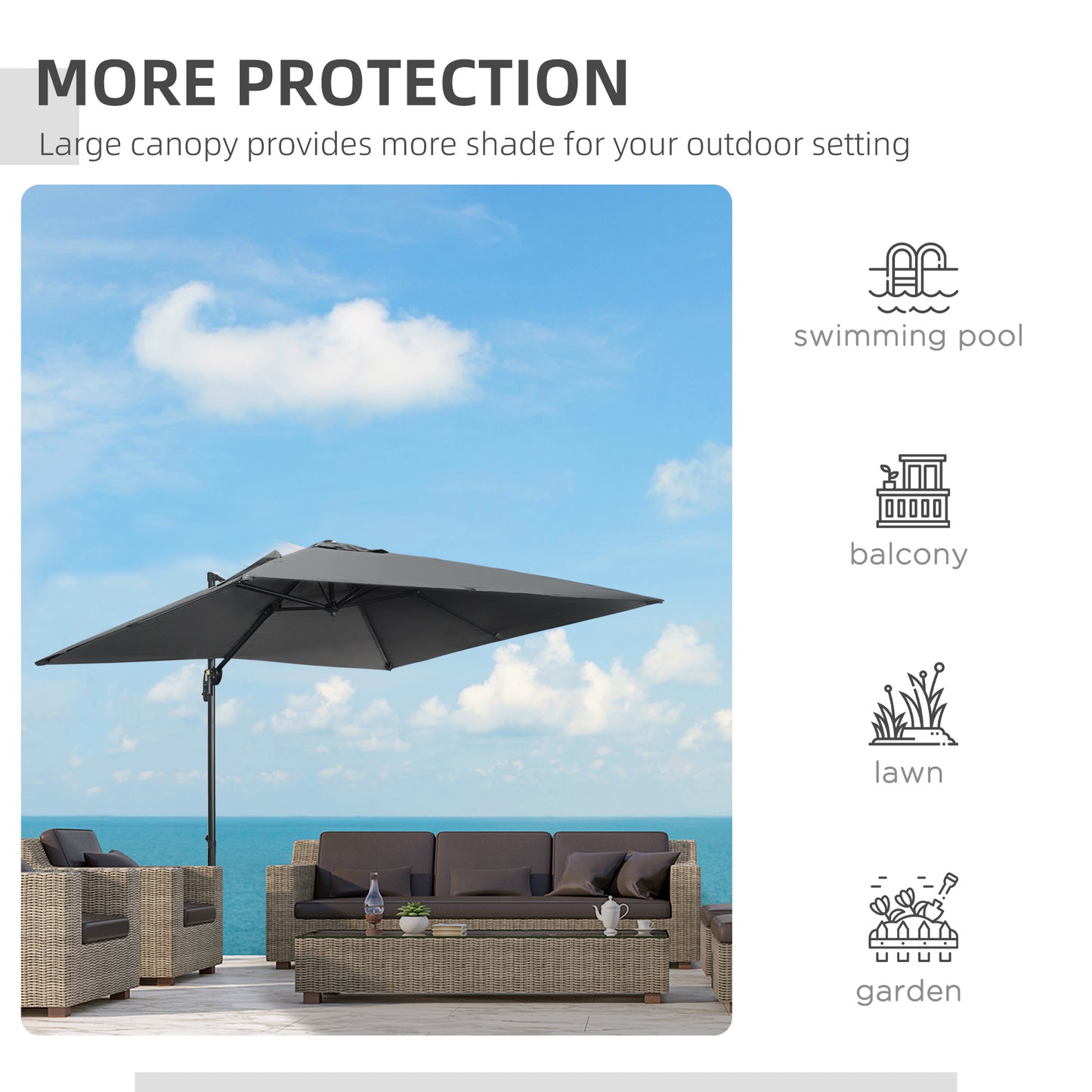 9ft Cantilever Patio Umbrella, Square Overhanging Umbrella with Cross Base, Crank Handle, Tilt, 360° Rotation and Alumin