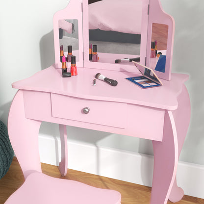 Qaba Kids Vanity Table and Stool, Makeup Vanity Girls Dressing Table Set with Tri-folding Mirrors Drawer Star and Heart 