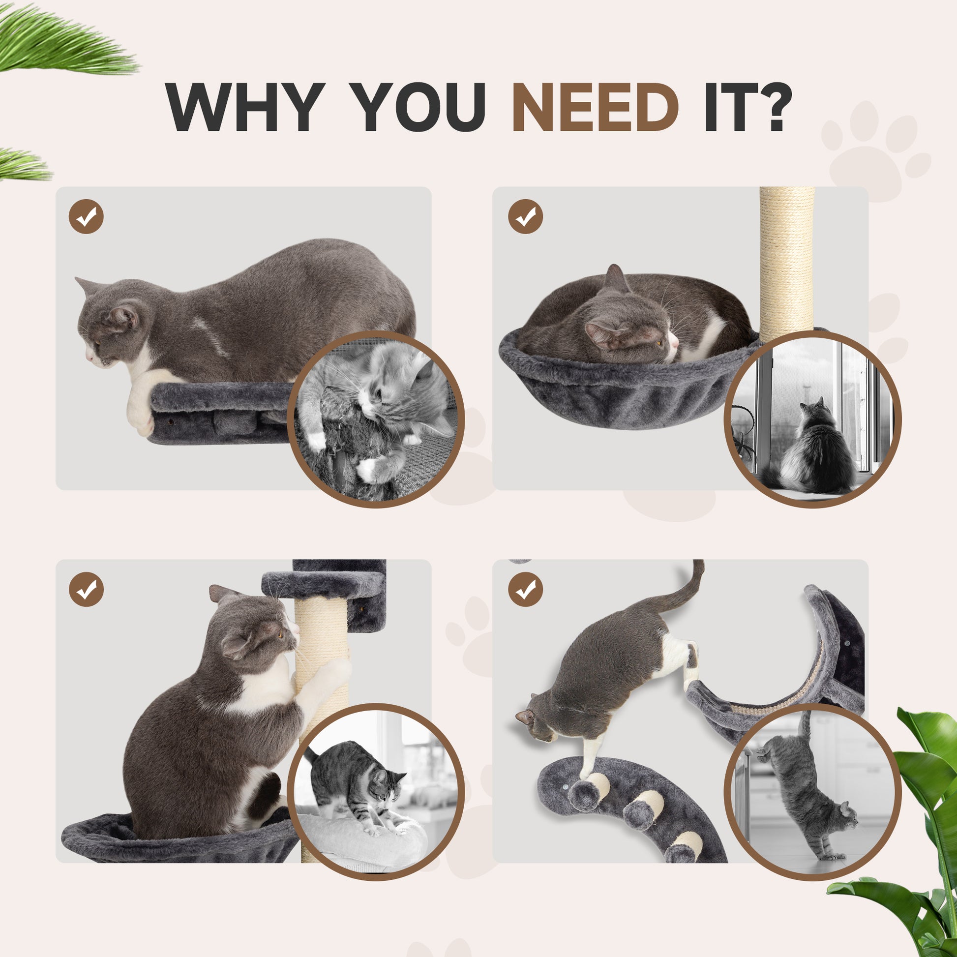 Cat Wall Shelf with Scratching Post, Play Balls, Platforms, Dark Grey
