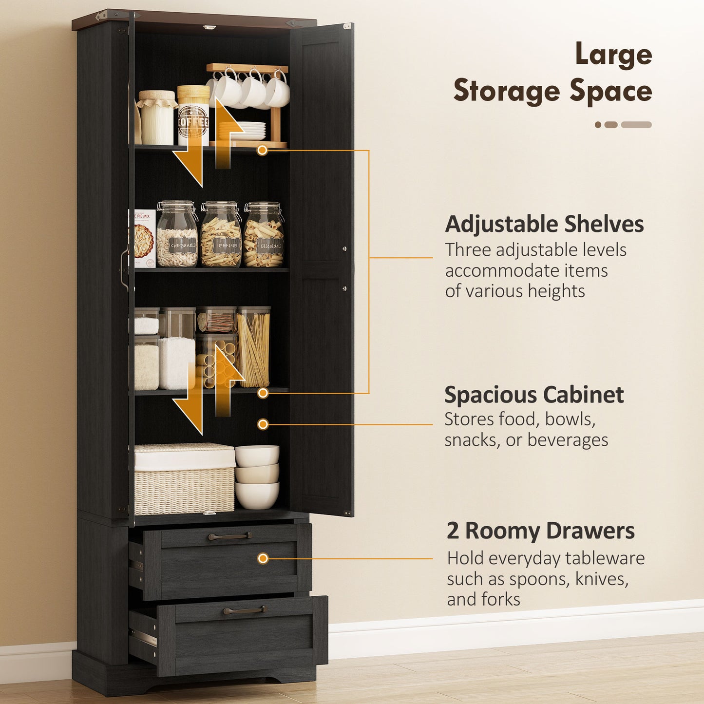 71" Tall Kitchen Pantry Cabinet, Farmhouse Kitchen Storage Cabinet with 2 Drawer and Adjustable Shelves, Black