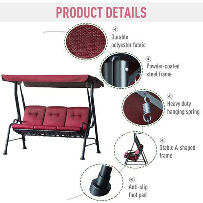 3-Person Porch Swing Chair, Patio Swing Bench with Adjustable Canopy, Removable Thicken Cushion and Weather Resistant St