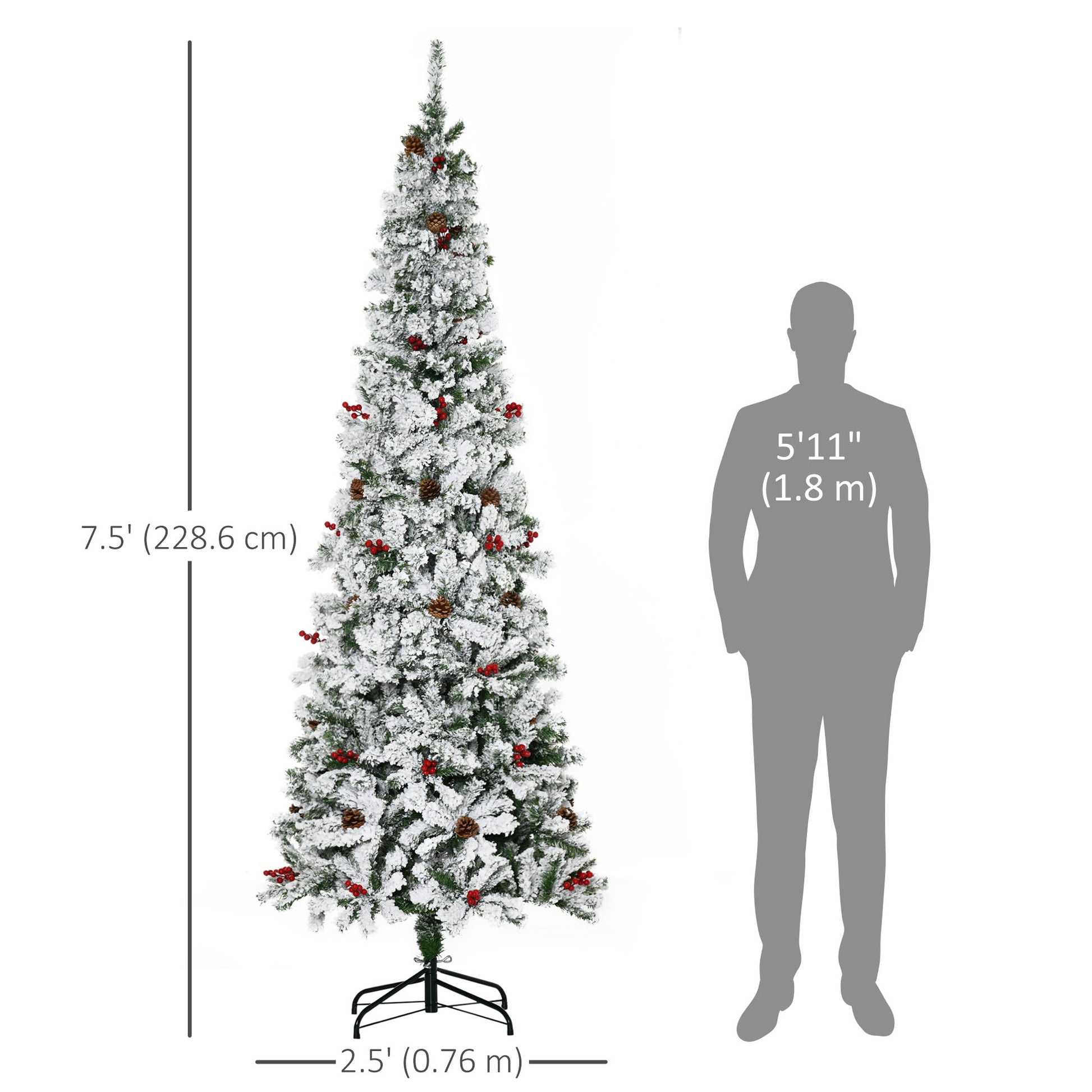 7.5 Foot Pencil Snow Flocked Artificial Christmas Tree with 950 Pine Realistic Branches, Pine Cones, Red Berries, Auto O
