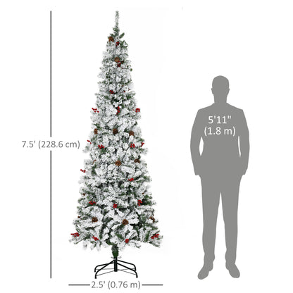 7.5 Foot Pencil Snow Flocked Artificial Christmas Tree with 950 Pine Realistic Branches, Pine Cones, Red Berries, Auto O