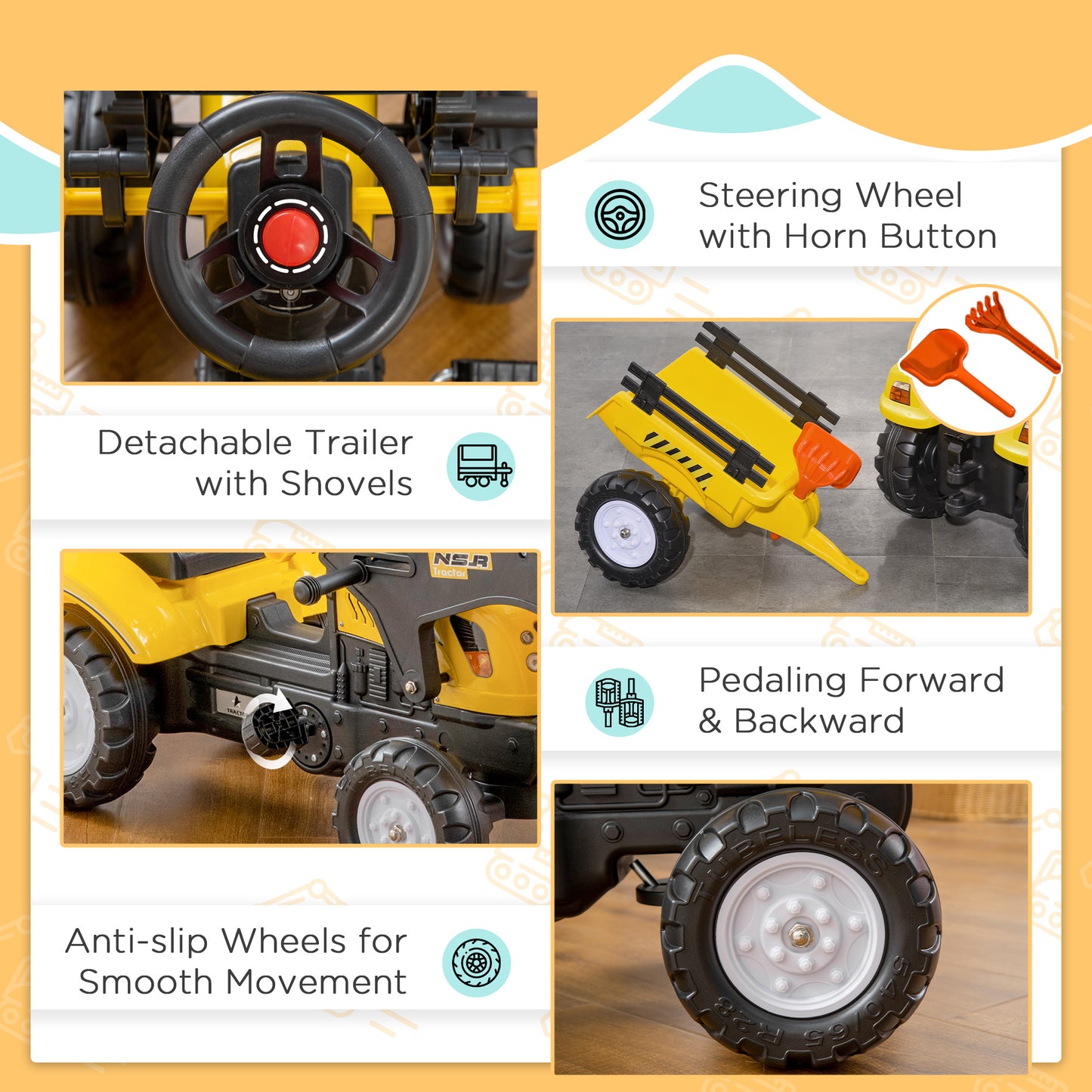 VarietyKart Front Loader Excavator Ride On Toy Pedal Control with 6 Wheels Controllable Bucket for 3 Years Old, Yellow