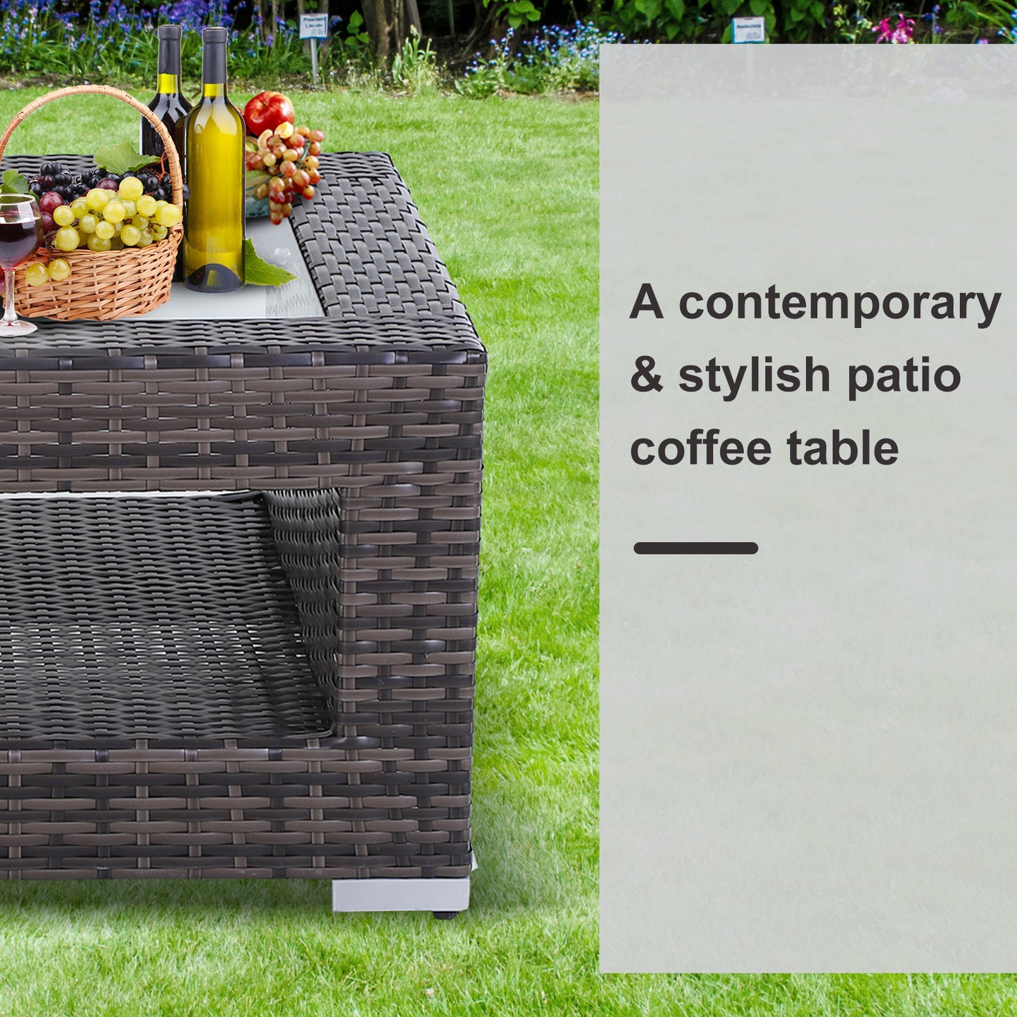 2-Tier Rattan Patio Coffee Table Wicker Patio Tea End Desk with Tempered Glass Top & Storage for Balcony, Backyard, Pool