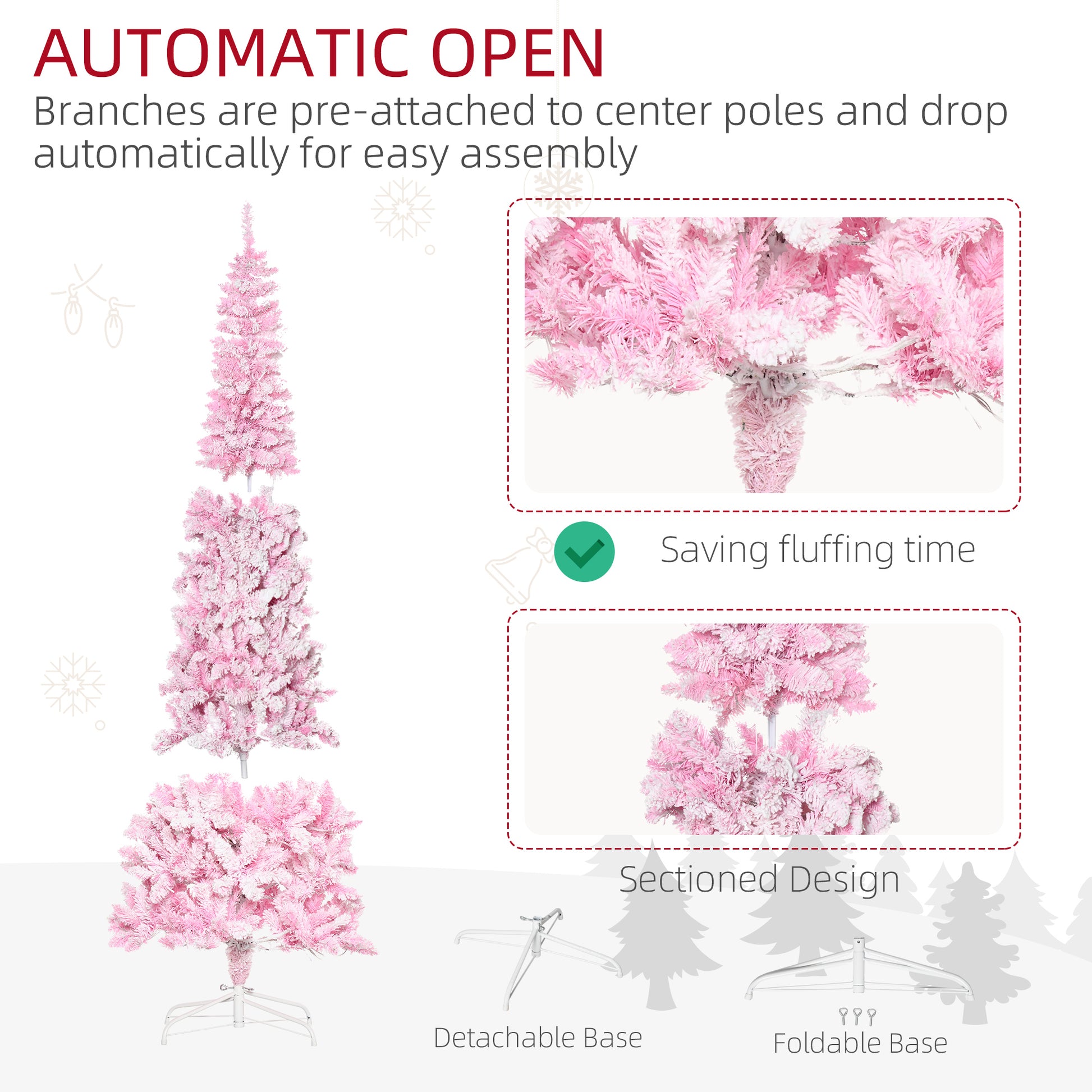7.5 Foot Prelit Snow Flocked Artificial Christmas Tree with Pencil Shape, 700 Pine Realistic Branches, Warm White LED li