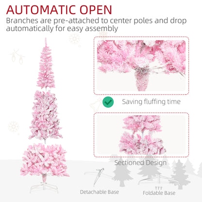 7.5 Foot Prelit Snow Flocked Artificial Christmas Tree with Pencil Shape, 700 Pine Realistic Branches, Warm White LED li