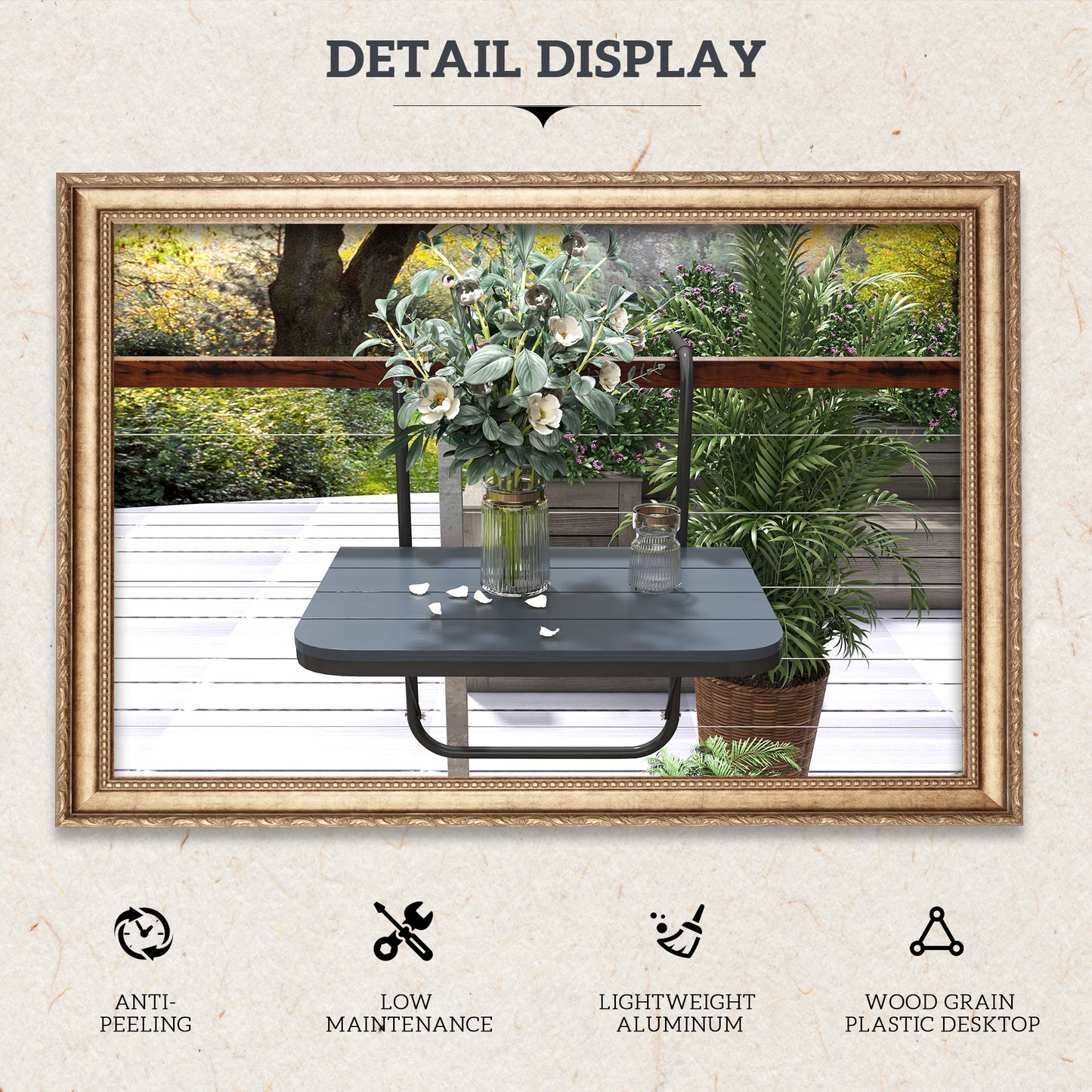 Outdoor Hanging Table, Adjustable Balcony Railing Table, Aluminum Mounting Wall Desk Rack, Foldable Outdoor Flower Stand