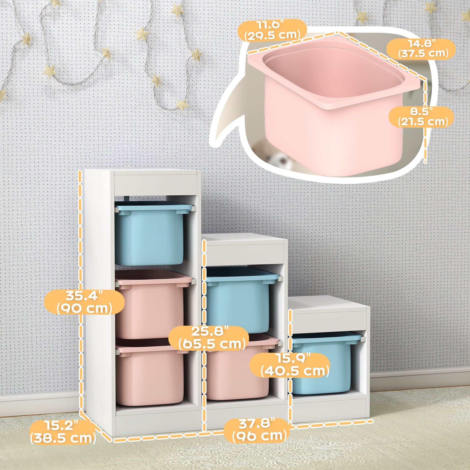 Qaba 3 Layers Toy Storage Organizer Kids Bookshelf Children Toy Storage w/ 6 Plastic Bins, Blue & Pink