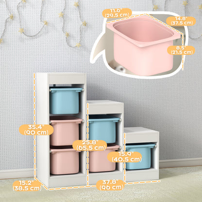 Qaba 3 Layers Toy Storage Organizer Kids Bookshelf Children Toy Storage w/ 6 Plastic Bins, Blue & Pink
