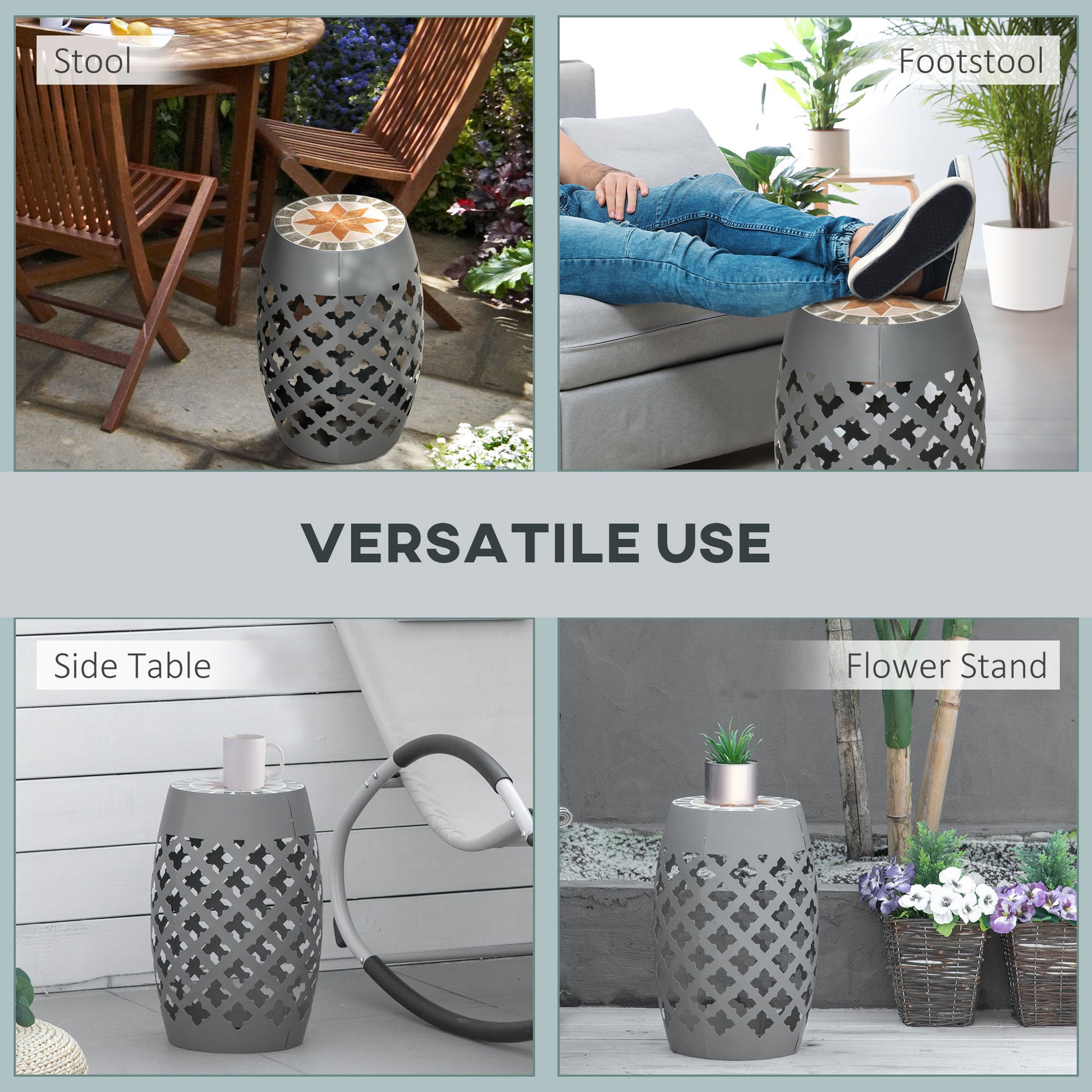 Ceramic Decorative Garden Stool, 12" Drum Outdoor Stool Side Table Plant Stand for Outdoor Indoor, Grey