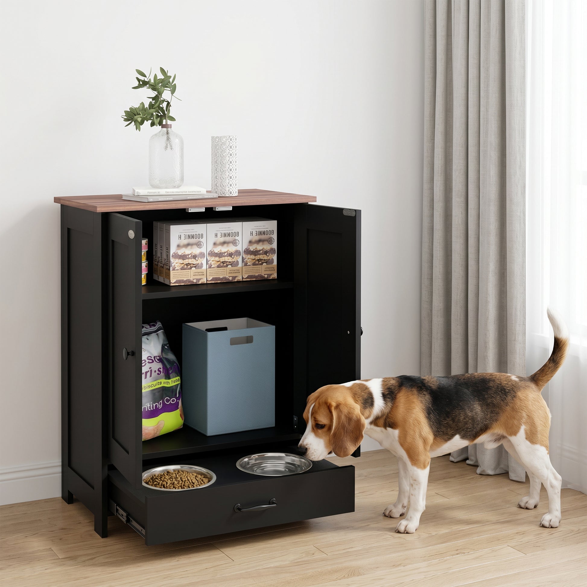 Pet Food Storage Container Dog Feeding Station w/ Adjustable Panel, Hooks, for Medium Sized Dogs, Black