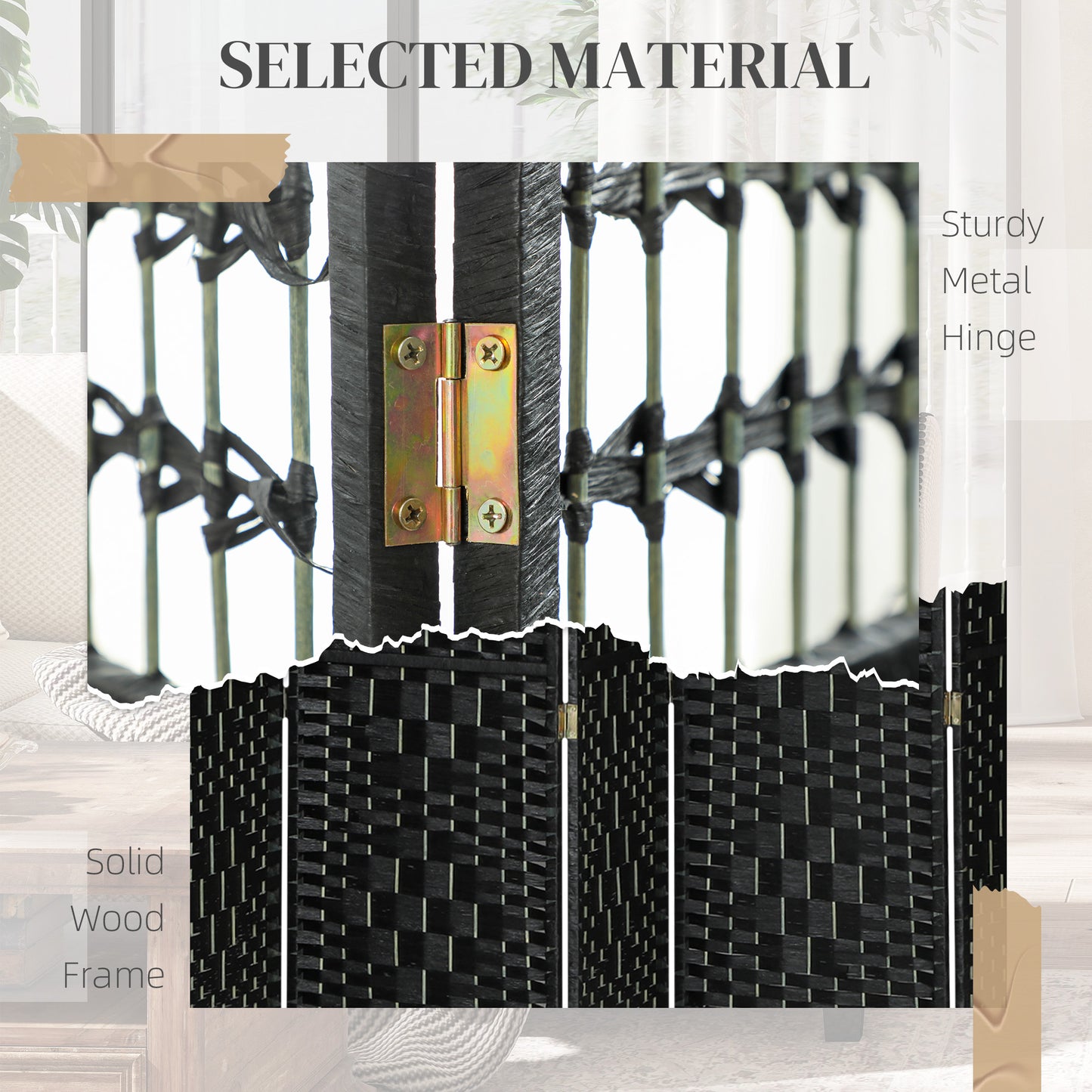 8 Panel Folding Room Divider, Portable Privacy Screen, Wave Fiber Room Partition for Home Office, Black