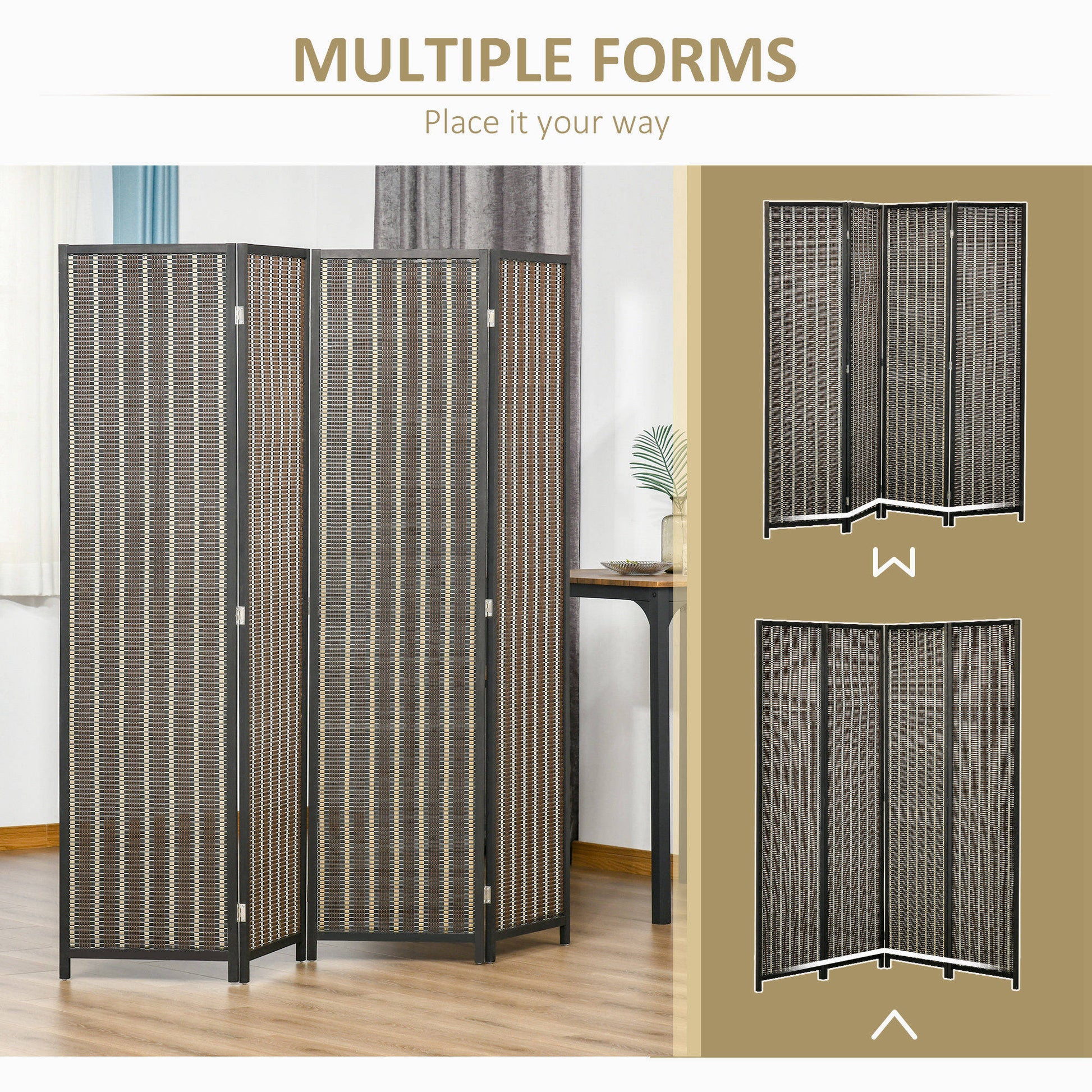 4 Panel Room Divider, 6 Ft Tall Indoor Portable Folding Privacy Screens, Bamboo Hand-Woven Freestanding Partition Wall D