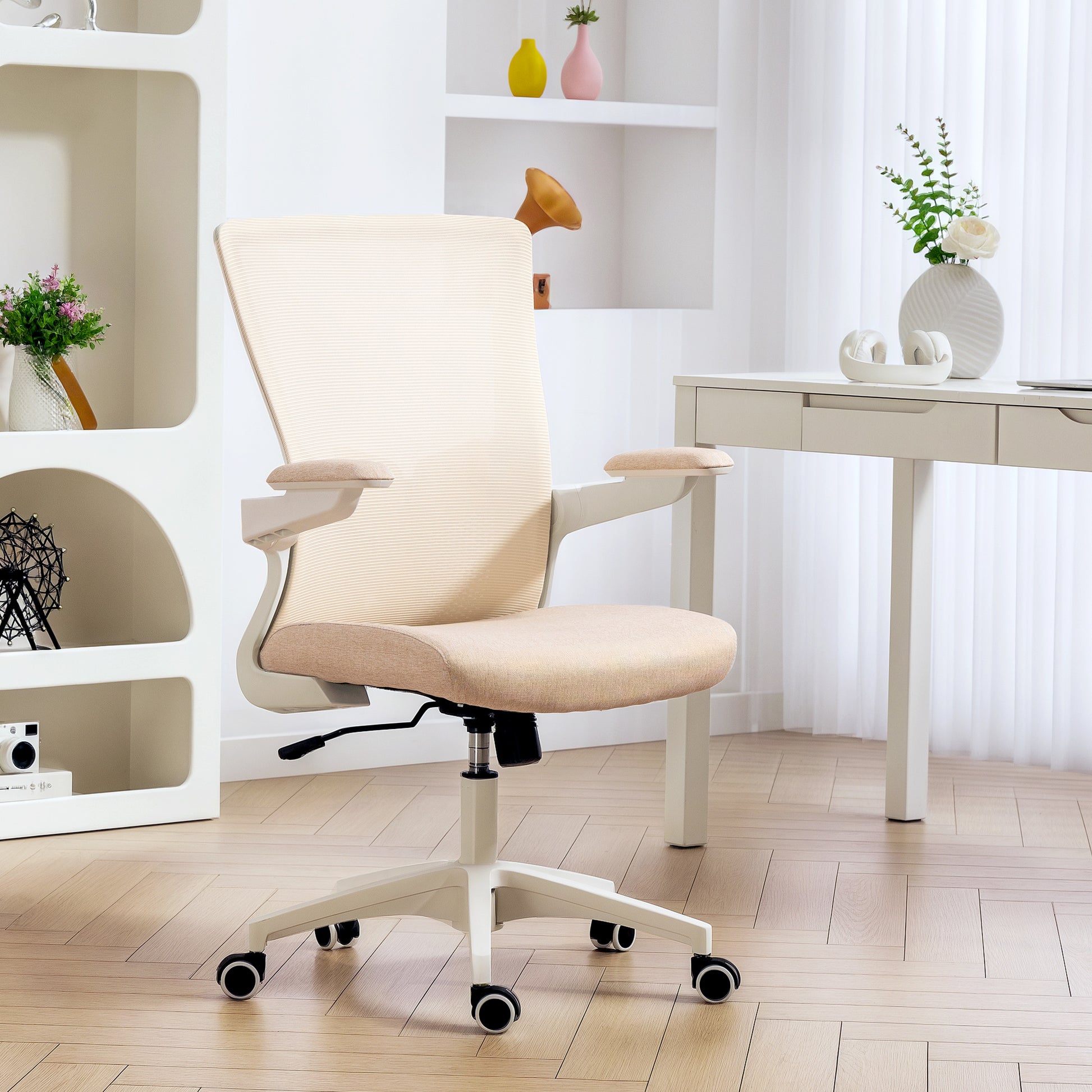 Ergonomic Office Chair, Swivel Desk Chair with Adjustable Lumbar Support and Height, Flip-up Armrests, Wheels, Beige