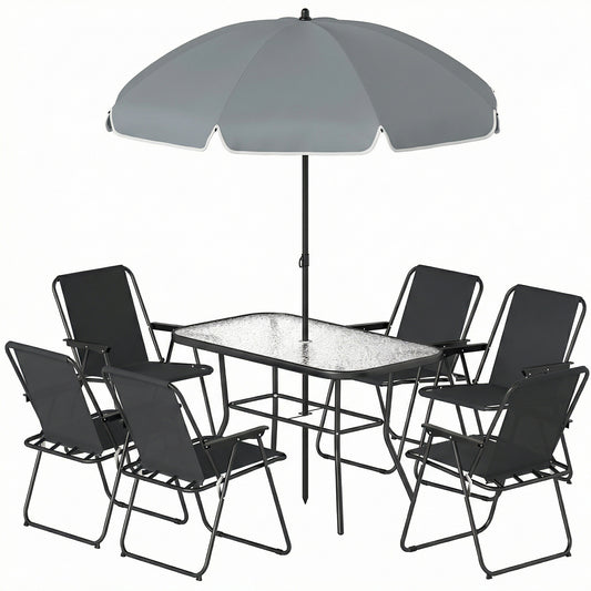 8 Piece Patio Table and Chairs Set with Folding Chairs, Tempered Glass Tabletop and Umbrella for Garden, Black