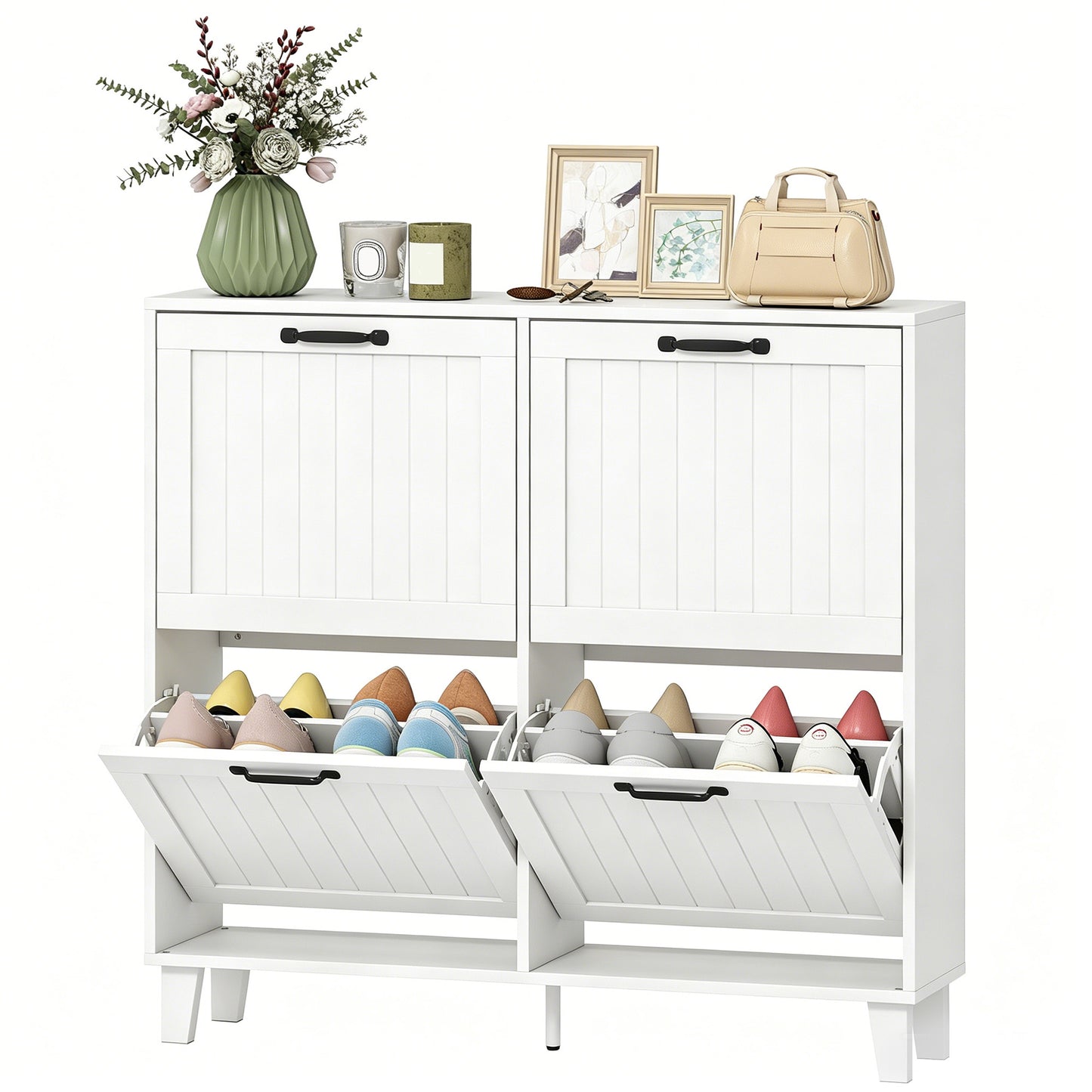 Shoe Cabinet with 4 Flip Drawers, Freestanding Narrow Shoe Storage Cabinet with Adjustable Shelves, Open Back, White