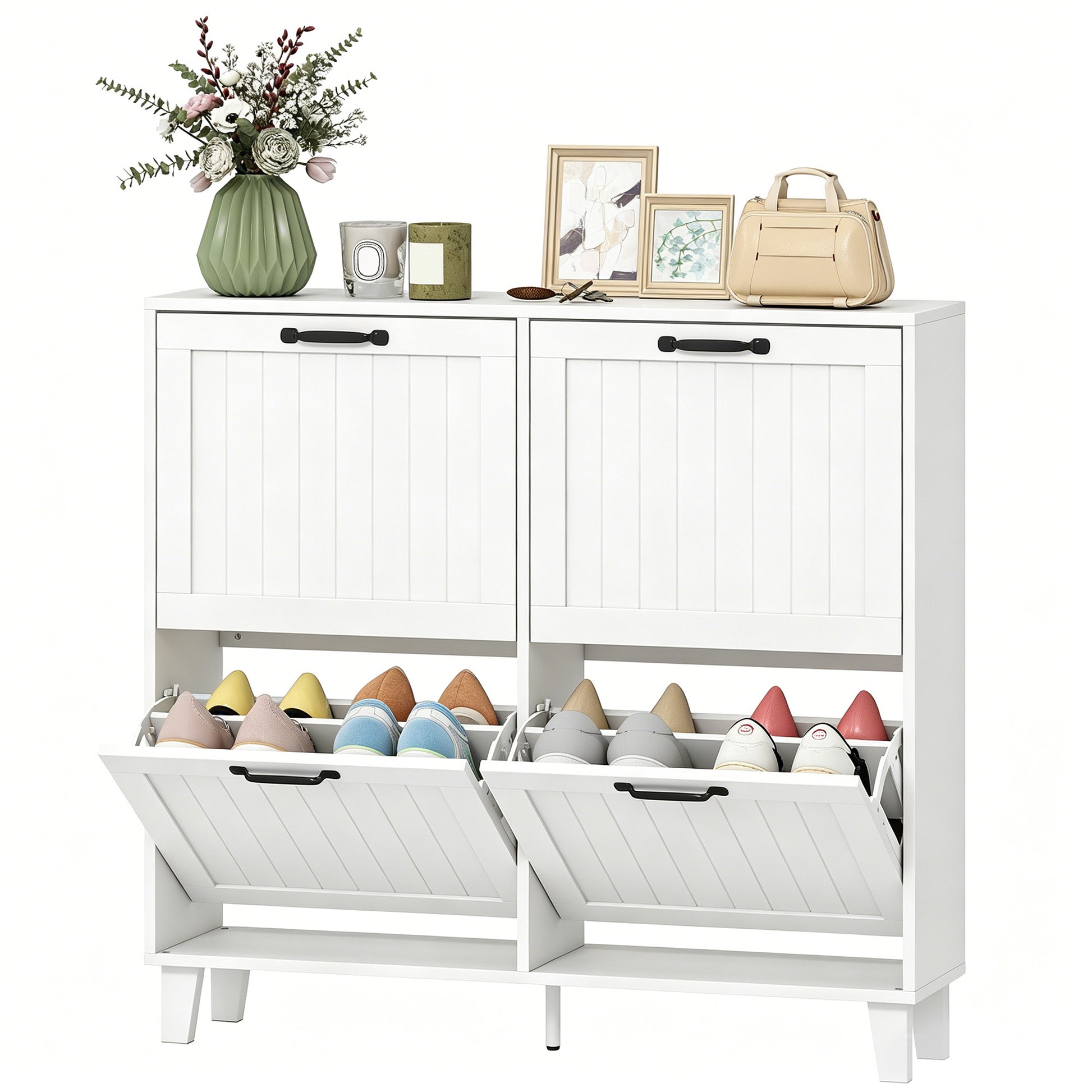 Shoe Cabinet with 4 Flip Drawers, Freestanding Narrow Shoe Storage Cabinet with Adjustable Shelves, Open Back, White