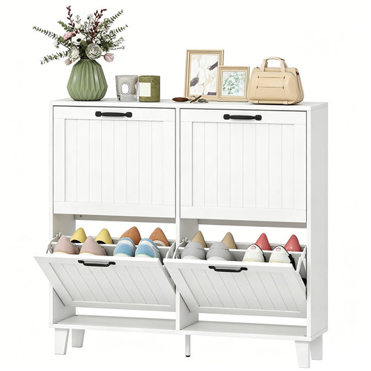 Shoe Cabinet with 4 Flip Drawers, Freestanding Narrow Shoe Storage Cabinet with Adjustable Shelves, Open Back, White