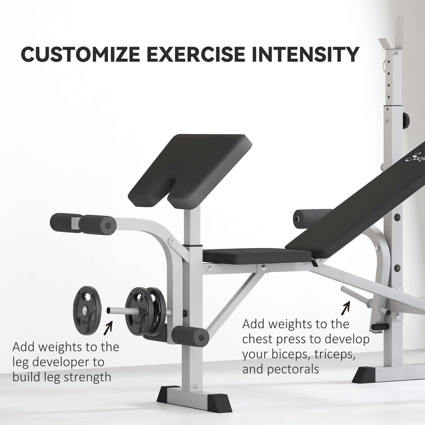 Soozier Bench Press Set Adjustable Weight Bench with Squat Rack, Preacher Curl Pad, Leg Developer and Weight Storage, Gr