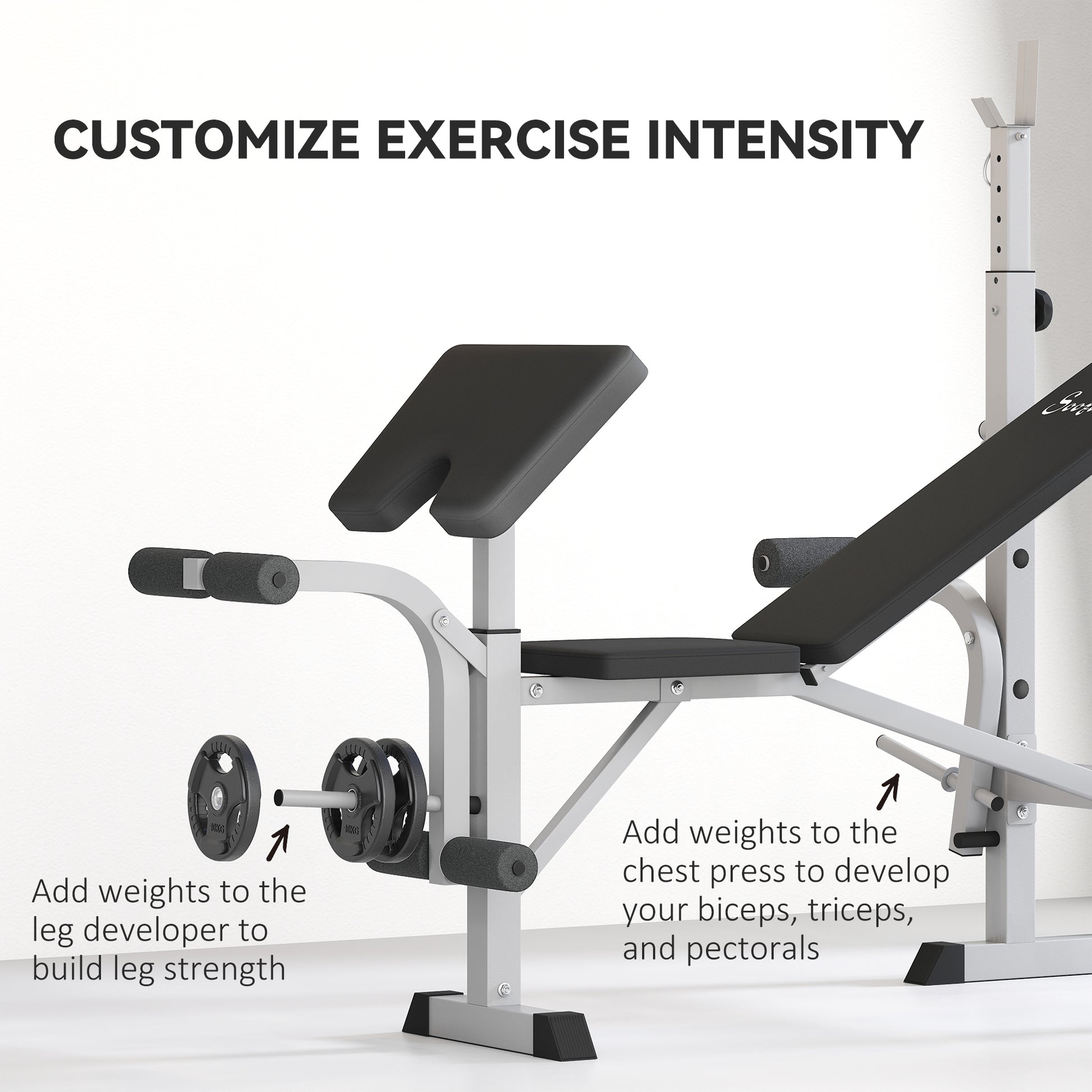 Soozier Bench Press Set Adjustable Weight Bench with Squat Rack, Preacher Curl Pad, Leg Developer and Weight Storage, Gr