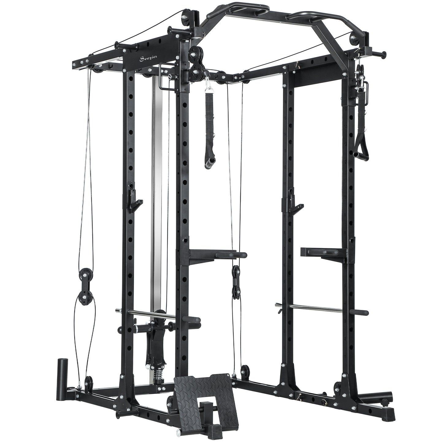 Soozier Multi-Functional Power Rack, Smith Machine Cable Crossover System with Pull Up Bar, Lat-Pull Down System, Landmi