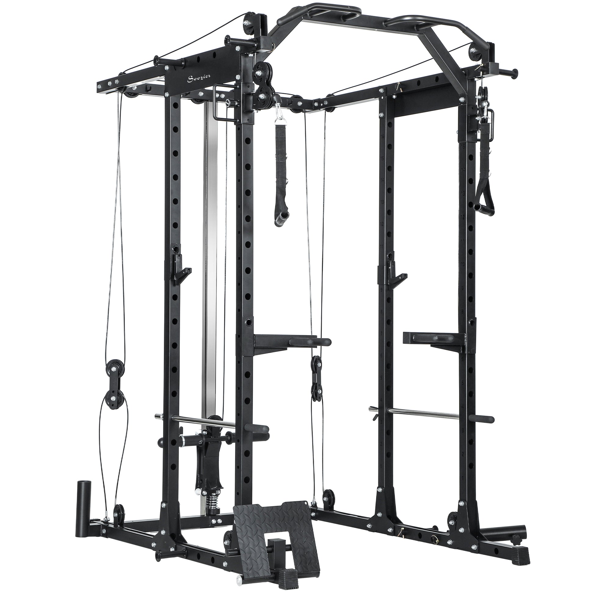 Soozier Multi-Functional Power Rack, Smith Machine Cable Crossover System with Pull Up Bar, Lat-Pull Down System, Landmi