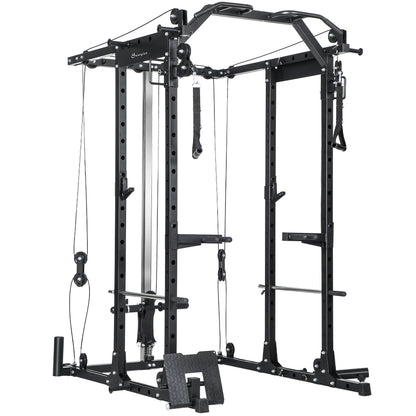 Soozier Multi-Functional Power Rack, Smith Machine Cable Crossover System with Pull Up Bar, Lat-Pull Down System, Landmi