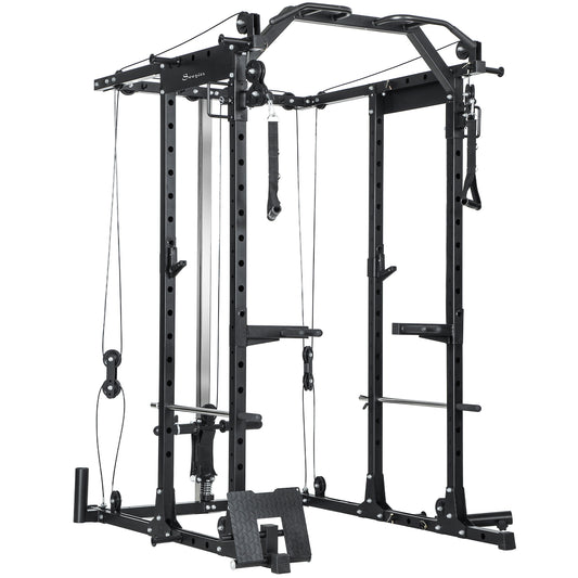 Soozier Multi-Functional Power Rack, Smith Machine Cable Crossover System with Pull Up Bar, Lat-Pull Down System, Landmi