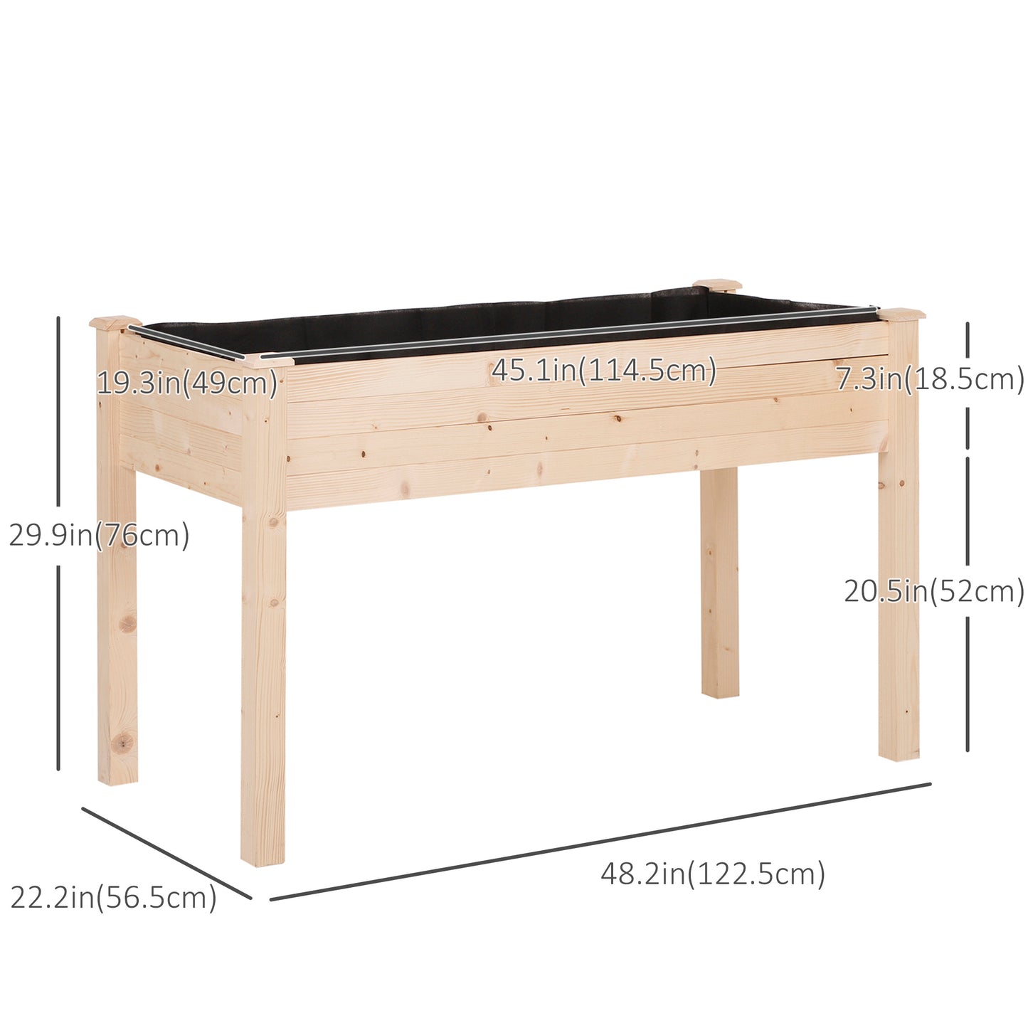 48" x 22" x 30" Wooden Patio Raised Garden Bed Planter, Elevated Planter Box with Legs, Outdoor Flower Stand with Inner 