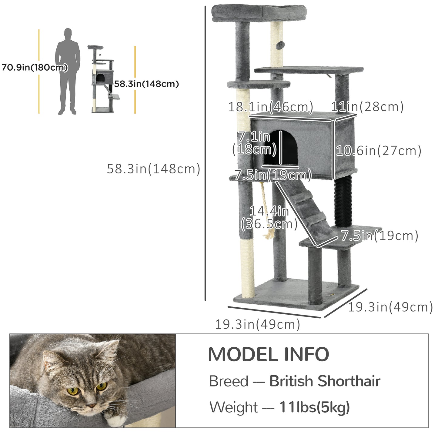 Cat Tree for Large Cats Adult, 58" Tall Cat Tree with Scratching Posts, Large Cat Tower for Indoor Cats with Bed, House,