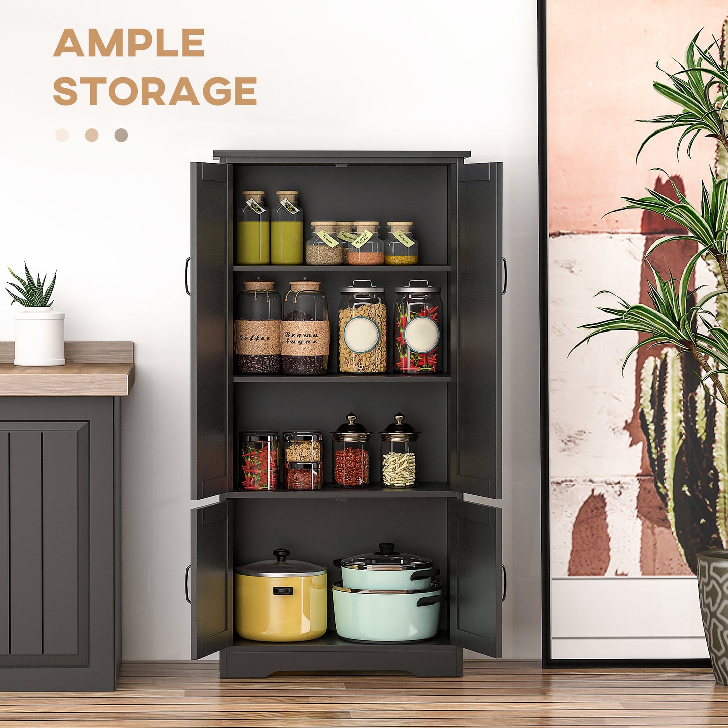 48 in 4-Door Kitchen Pantry Cabinet with Adjustable Shelves - Black - Image 3