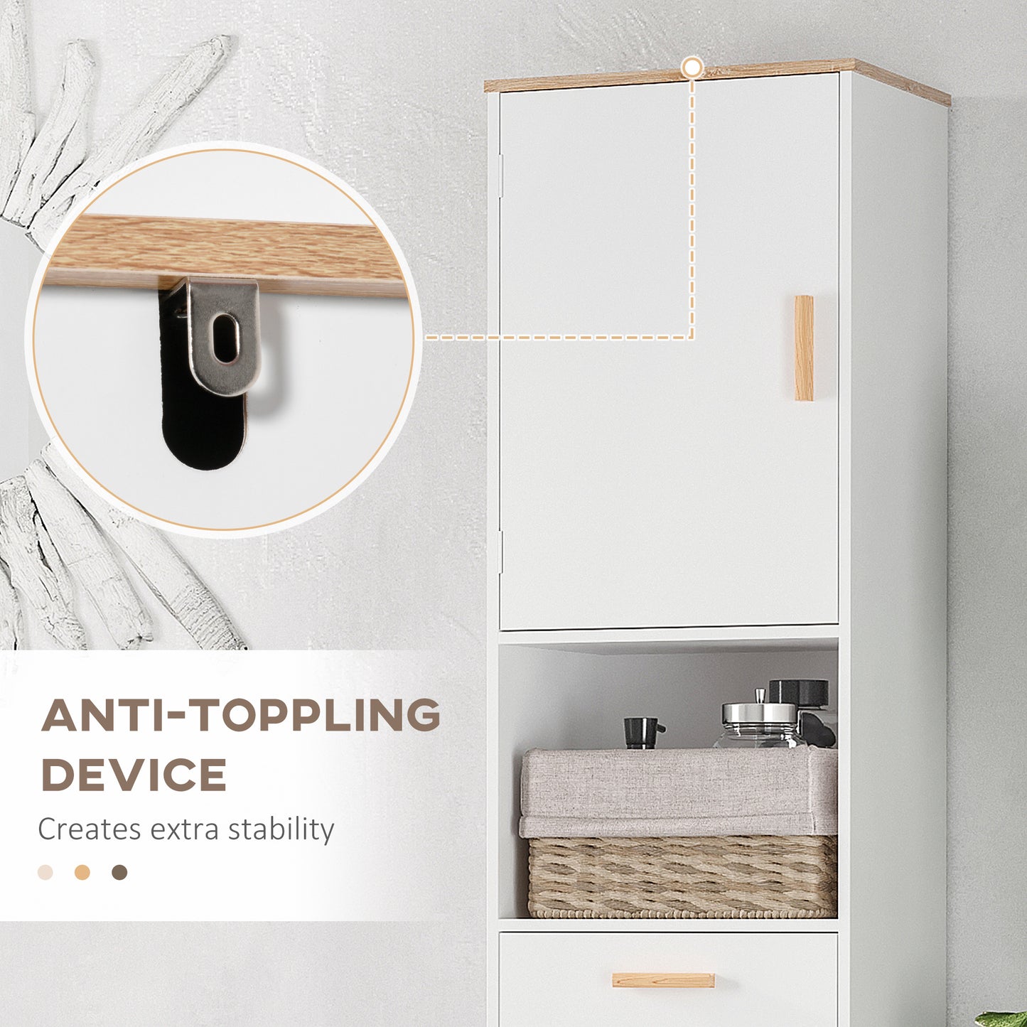Bathroom Storage Cabinet with Cupboards and Drawer, Floor Free Standing Linen Tower, Tall Slim Side Organizer Shelves, W