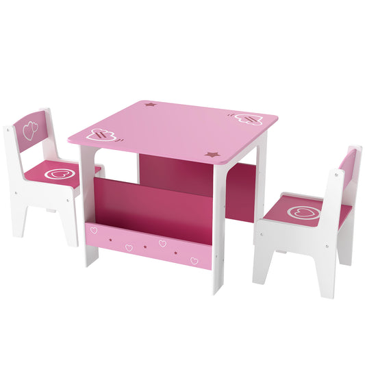 Qaba 3 Pieces Kids Table and Chair Set with Bookshelves, for Classroom, Home, Nursery, Playroom, for Read, Draw, Art, Pi
