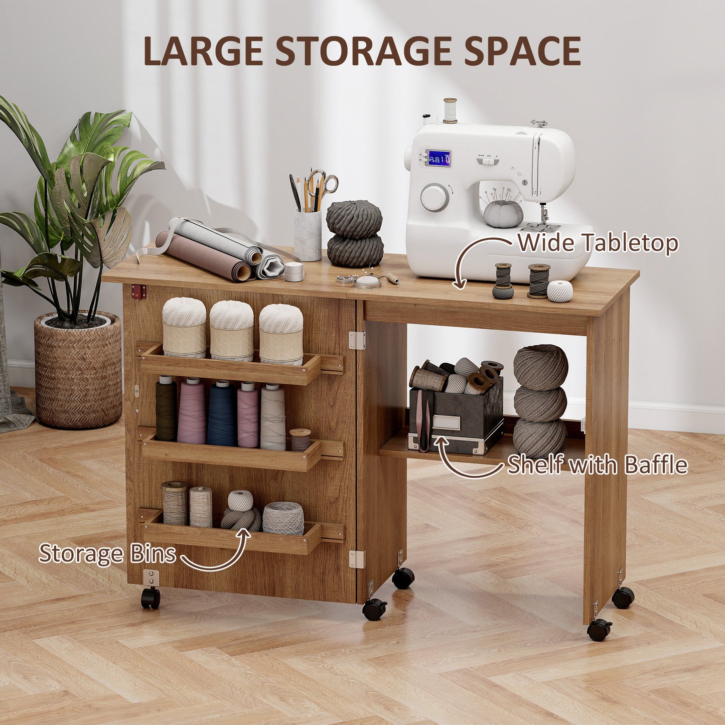 Sewing Machine Cabinet, Folding Sewing Table with Storage Shelf, Bins and Lockable Wheels for Small Space, Brown