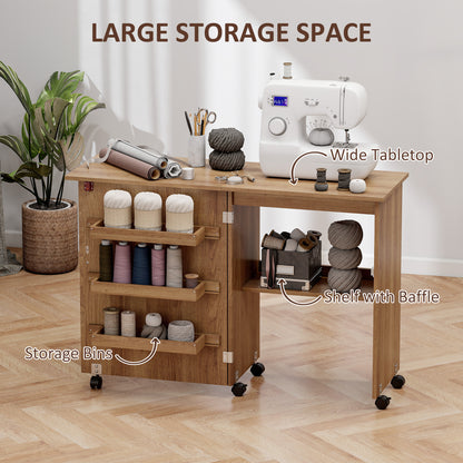Sewing Machine Cabinet, Folding Sewing Table with Storage Shelf, Bins and Lockable Wheels for Small Space, Brown
