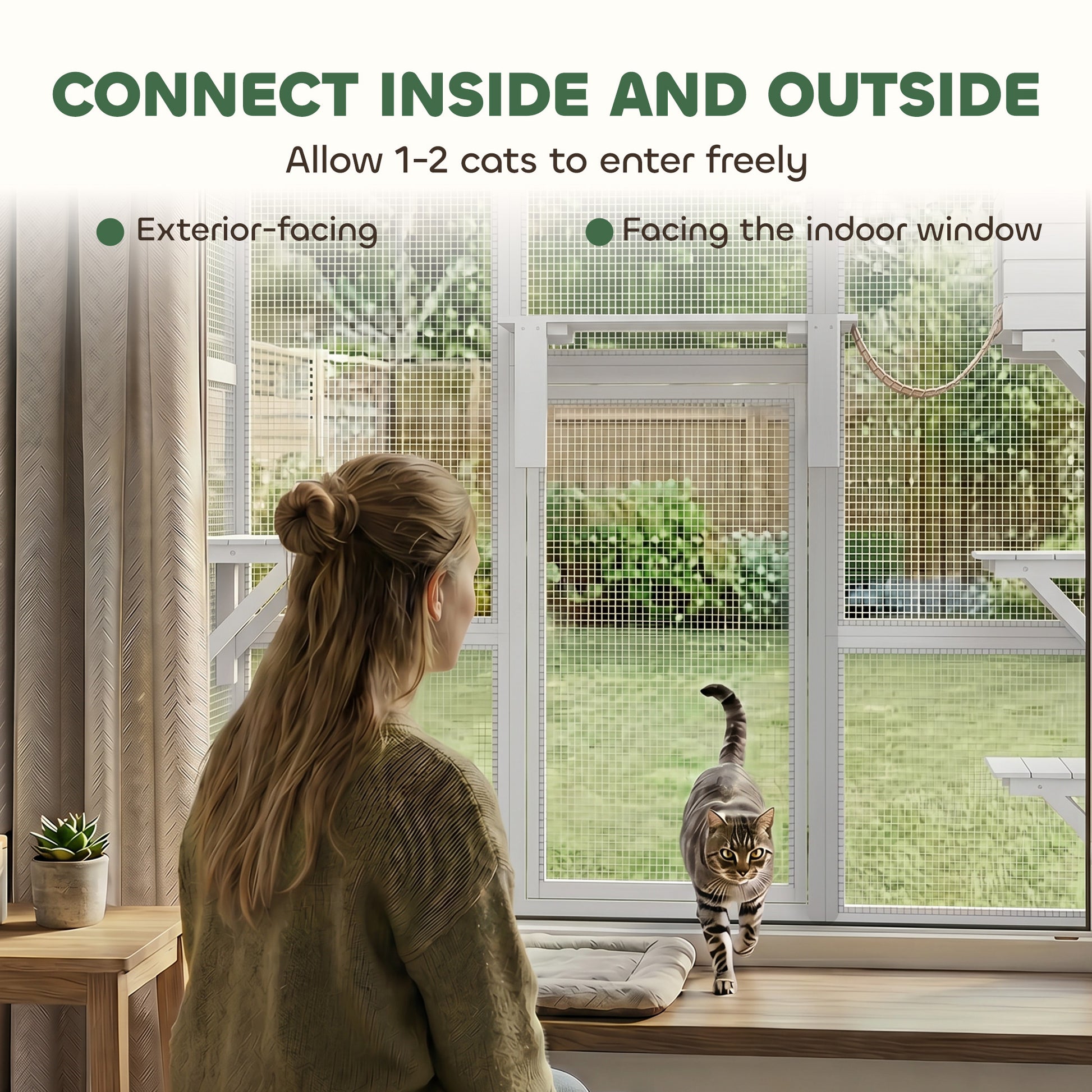 Large Outdoor Catio with Weatherproof Roof, Bridge, Resting Box, Platforms, White