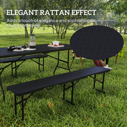 6FT 3PCS Faux Rattan Outdoor Camping Table Bench Set with Carrying Handles, Folding Picnic Table with 2 Benches, Black