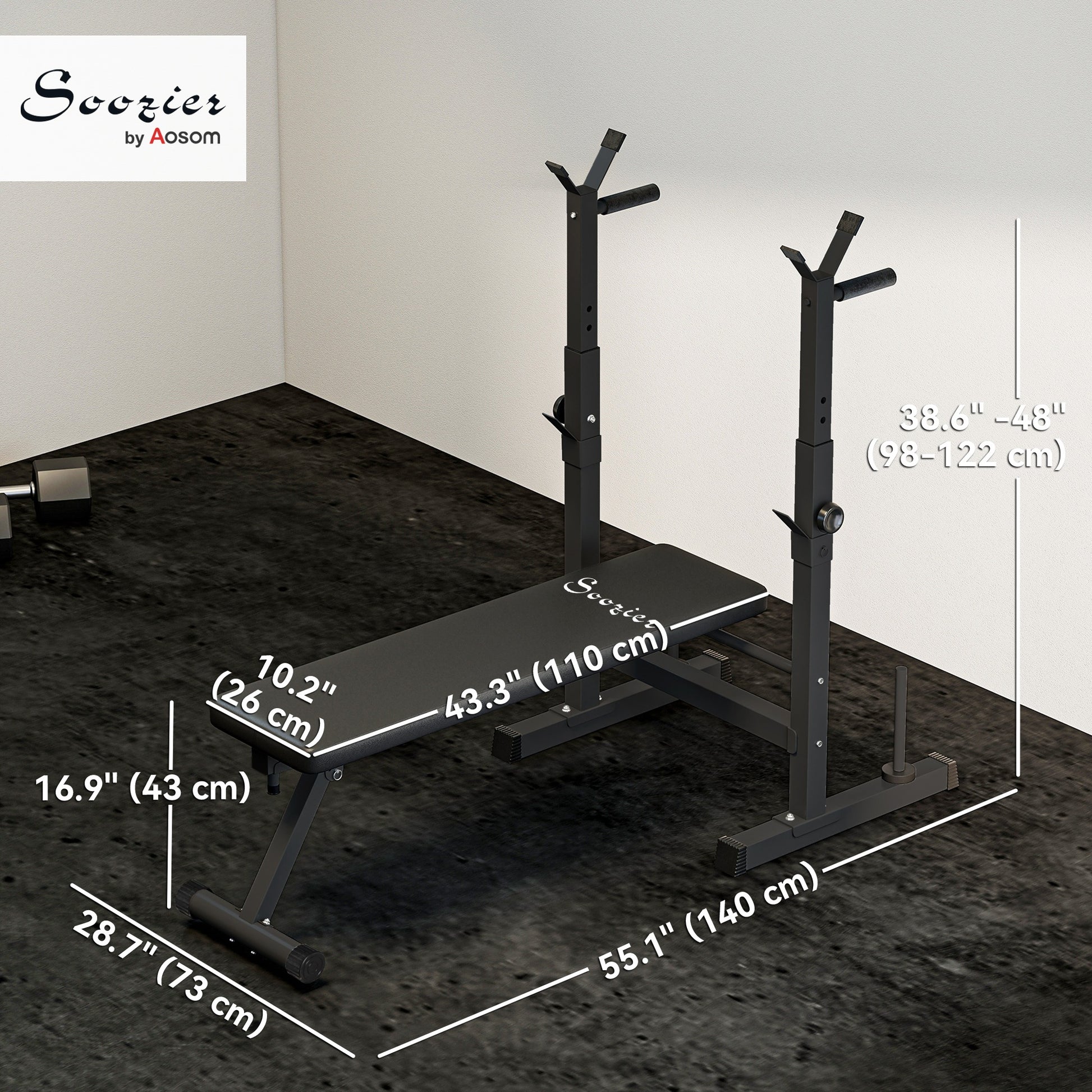 Soozier Adjustable Weight Bench, Foldable Bench Press with Barbell Rack and Dip Station for Home Gym, Strength Training 