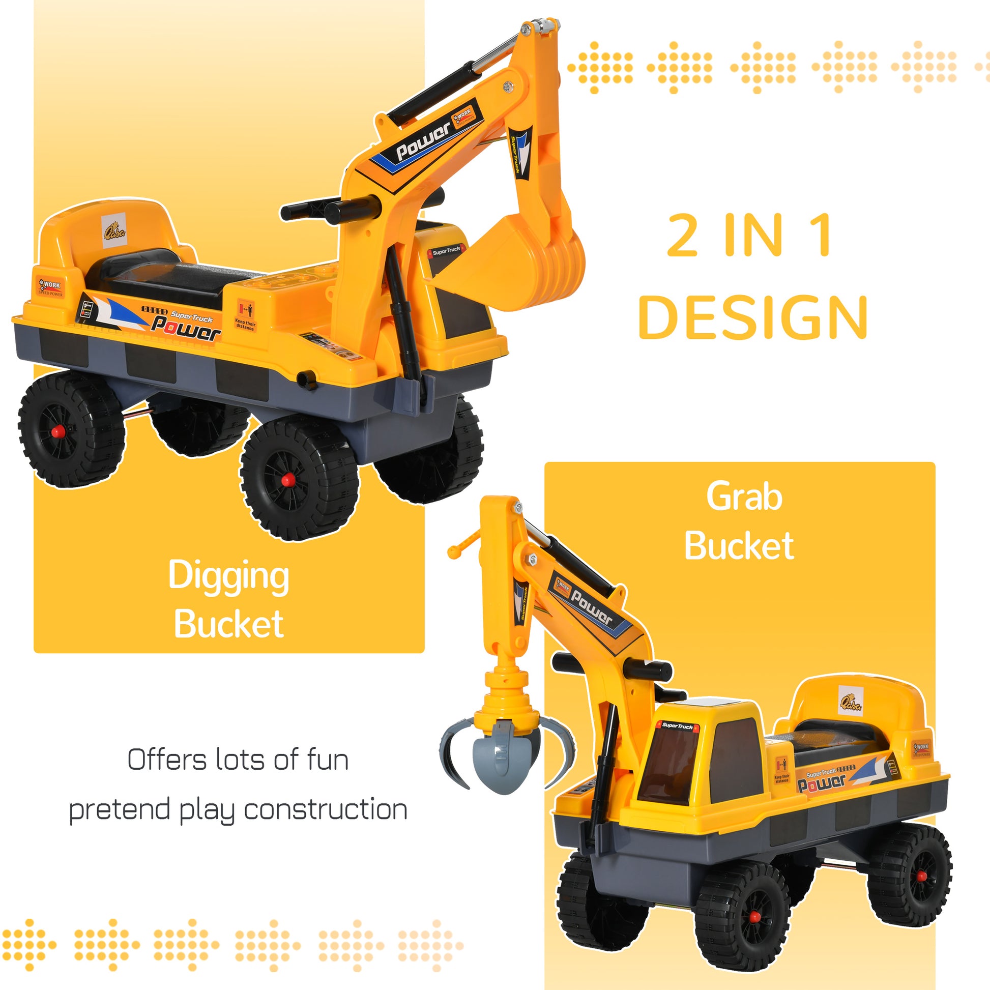 Qaba No Power Ride On Excavator Construction Digger Multi-Functional Truck Toy with 2 in 1 Design Detachable Digging Buc