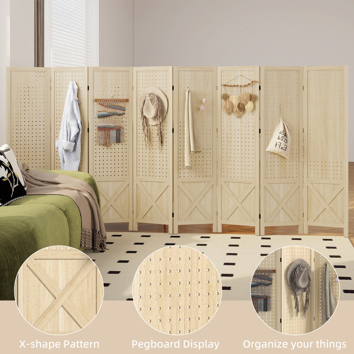 Wooden Room Divider with Pegboard Display, 8 Panel Folding Privacy Screen for Home Office, Natural Wood